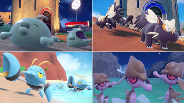 Gulpin, Stunky, Clauncher, and Skrelp in Pokemon Violet and Scarlet.